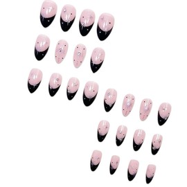 Black French Tip Press on Nails Almond Glue on Nails Medium Length Nude Pink Rhinestone Acrylic Full Cover French Fake Nails with Star Designs Almond Nails Reusable Stick on Nails for Women 24PCS