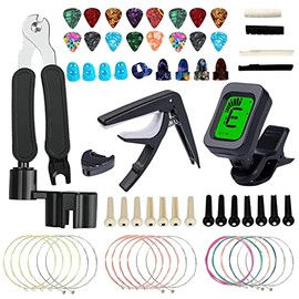 LSHSXPX - Kit de 65 Piezas Accesorios para Guitarra, Guitar Accessory Kit with Guitar Tuner, Guitar Strings, Guitar Tuning Clips, 3 in 1 Guitar Repair Tool, Plectro de Pulgar y Otros Accesorios