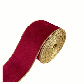 QIANF Christmas Velvet Wired Edge Ribbon, 2.5 Inch x 10 Yards Roll, Gold Glitter Edge Craft Ribbon for Christmas Wreaths DIY Gift Wrapping Bow Decoration, Red