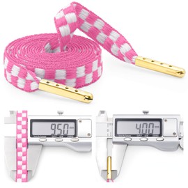 YJRVFINE Flat Checker Shoe Laces: 2 Pairs 45 Inch Pink White Checkered Shoelaces with Metal Tip for Sneakers