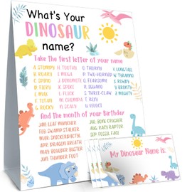 Cidobi What's Your Dinosaur Name, 1 Dinosaur Name Game Double Sided Sign 30 Name Stickers, Birthday Party Game, Party Activity Game Supplies for Kids and Teens, Plays for 30 People