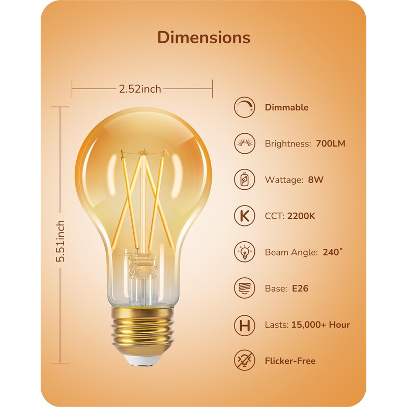 EDISHINE Vintage LED Edison Bulbs 8W, 60W Equivalent, 2200K Amber