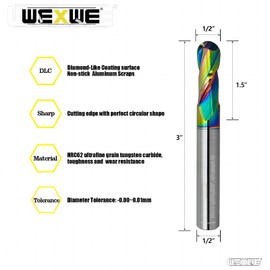 WEXWE Tools Extra Long Ball Nose Carbide End Mill, DLC Coating, CNC Cutting Tools for Aluminum and Wood Cutting, 3D Carving & Engraving. 2 Flute Router Bits，1/2 Shank (1/2-3" 1pcs