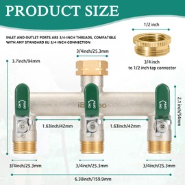iBamso 3-Wege Verteiler, 3/4 Zoll Großer Durchfluss Wasserverteiler aus Vernickeltem Messing, Größer Tülle Wasserverteiler, Gartenschlauch Wasserhahn-Anschluss für Haus und Garten - Grüner Metallgriff