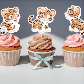 24Pcs Tiger Cupcake Toppers Cute Baby Tiger Cupcake Decorations for Baby Shower Birthday Party Supplies Jungle Safari Animal Theme Party Cupcake Decor