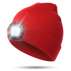 CENSGO Unisex Hat with Light, USB Rechargeable LED Headlamp Beanie, Gifts for Dad Father Men Husband Warm Knitted Cap Red