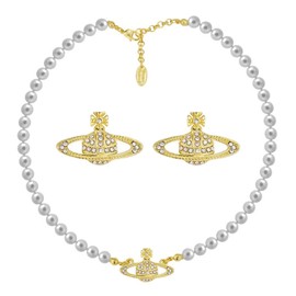 Dreuyet Saturn Pearl Necklace and Earrings Set Crystal Planet Earrings Dainty Artificial Pearl Choker Necklace Charm Gifts for Mum Wife Girlfriend Wedding Birthday Anniversary (Gold Planet set)