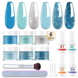 Eodci Dip Powder Nail Set, 6 Colours, Glittering Blue Snow Dipping Powder Set with Base Coat, Activator, Brush Protector, Dipping Powder, French Nail Art, Starter Manicure for Home and Salon
