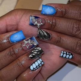 3D Press on Nails Short Square Metal Stars Chain Design False Nails Short Nails Full Cover Blue Smudge Artificial Nails Acrylic Coffin Nails Reusable Glue on Nails DIY Stick on Nails for Women 24Pcs