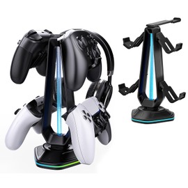 Oritikur RGB Headset Stand with 9 Light Modes and 2 USB Charging Ports - Controller Holder for Desk - Headphone Stand & Detachable Controller Hook for PC Earphone Gaming Room Setup Accessories