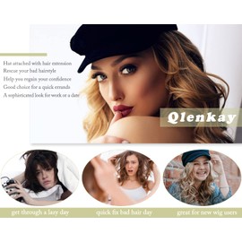 Qlenkay Newsboy Cap with Bob Hair Extensions Black Hat Wig 8 Panel Visor Beret Attached Synthetic 14'' Short Curly Wavy Hairpiece for Woman Bleach Blonde