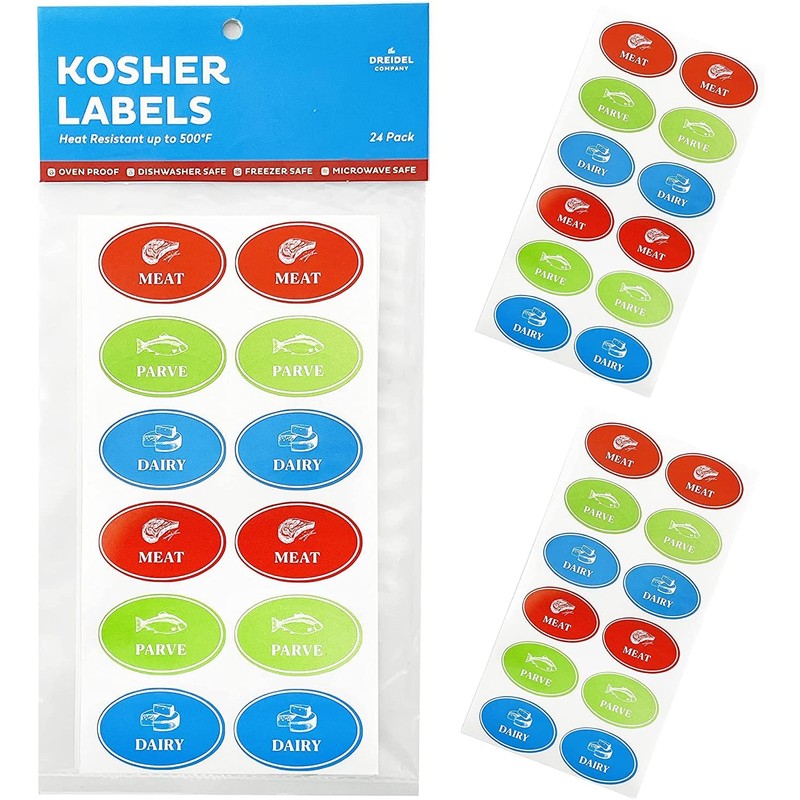 Assorted Kosher Labels, (48 Pack) 16 Blue Dairy, 16 Red