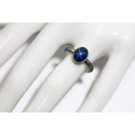 Salish Sea Inspirations Large Oval Created Blue Star Sapphire Ring Symmetrical Flower Vintage Silver N-S