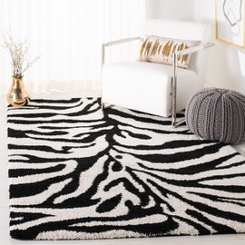 SAFAVIEH Florida Shag Collection Area Rug - 6'7" Square, Ivory & Black, Zebra Print Design, Non-Shedding & Easy Care, 1.2-inch Thick Ideal for High Traffic Areas in Living Room, Bedroom (SG452-1290)