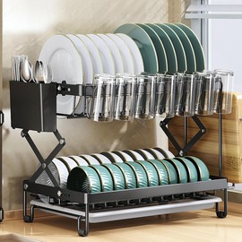 ILWorkTLs 2 Tier Dish Drying Rack with Drainboard,Wine Glass Holder,Cutting Board Rack and Utensil Holder,Foldable Dish Rack,Carbon Steel Dish Racks for Kitchen Counter,Black