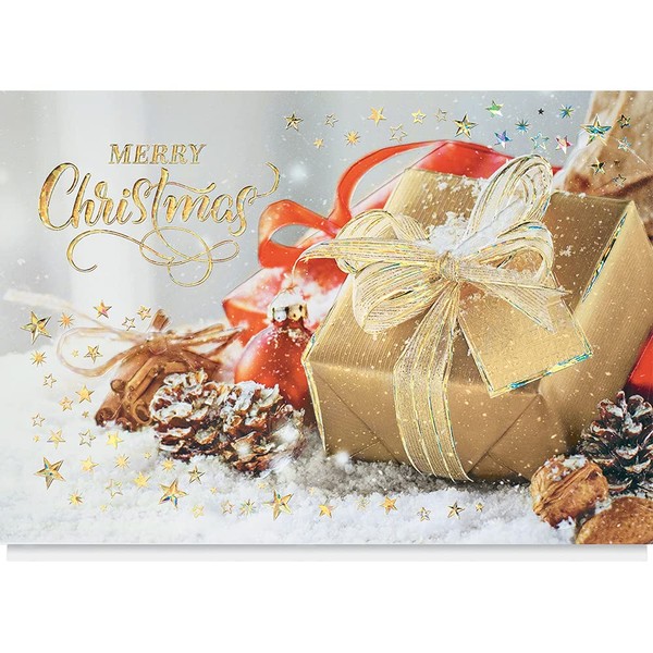 The Gallery Collection, 25 Personalized Christmas Cards with Foil-Lined Envelopes (Snow Dusted Presents), For Business or Consumer