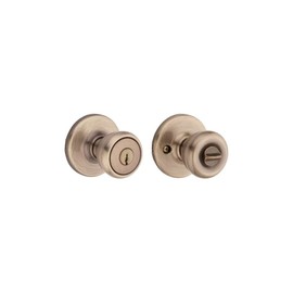 Kwikset Tylo Entry Door Knob with Lock and Key, Secure Keyed Handle Exterior Doorlock, Doorknob for Front Entrance and Bedrooms in Antique Brass, with Microban Protection