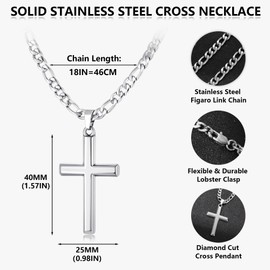 FANCH Cross Necklace for Men Women 5mm Strong Diamond-Cut Stainless Steel Figaro Link Curb Cross Chain with Beveled Edge Cross Pendant Crucifix Pendant Necklace Jewelry 46CM