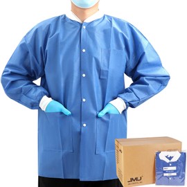 JMU 50 Pack Disposable Lab Jackets Medium, SMS Disposable Medical Coats for Men and Women, Knit Cuffs Collar, 3 Pockets (Blue)