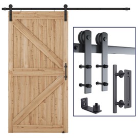 SMARTSTANDARD 7.5 FT Heavy Duty Sturdy Sliding Barn Door Hardware Kit, Black, (Whole Set Includes 1x Pull Handle Set & 1x Floor Guide) Fit 45" Wide Door Panel (I Shape Hanger)