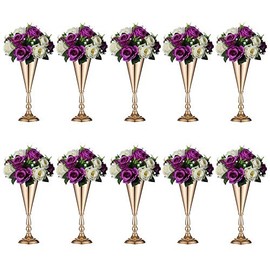 Sziqiqi - Jarrón de trompeta floral para centro de mesa para bodas, recepciones, centros de mesa, fiestas, eventos, aniversarios, cumpleaños, decoración de flores, paquete de 10 unidades, oro rosa, 14