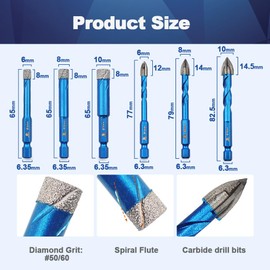 Diamond Drill Bit - BRSCHNITT 10pcs Masonry Drill Bits Set for Porcelain Tile Ceramic Stone Granite Marble,Hex Shank Diamond Hole Saw Drill Bit