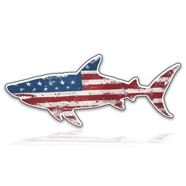 Shark Fishing Sticker: Tactical Shark Fish USA Flag Sticker Decal for Fishing Enthusiasts on Bumper, Patriotic Addition to Your Auto, Car, Truck, Boat, RV - Real Life Rods and Tackle Box Included
