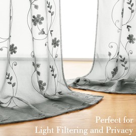 HOMEIDEAS Grey Sheer Curtains 84 Inches Long 2 Panels Embroidered Floral Sheer Pattern Curtains Semi Sheer Window Curtains for Bedroom Living Room