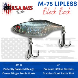 U.S.A. BASS TACKLE M-Series Lipless Crankbait Premium Finish Hard Bait with Owner Stinger Treble Hooks for Giant Largemouth Smallmouth Spotted Bass Fishing (Black Back, M-75)
