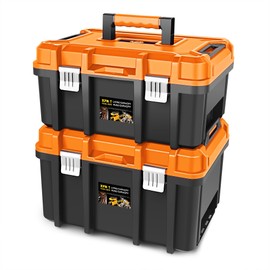 PM PERFORMOTOR 2pcs Tool Boxes Set - Lockable Organizer Storage Portable Toolbox with Removable Tray for Workshop Garage & Household, Large Capacity, Orange,PM-TOL-BX2-OG