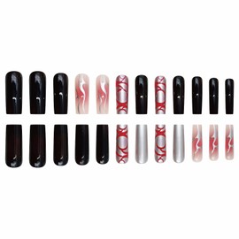 MISUD Press on Nails - Long Square Glue on Nails with Goth Red Black, Acrylic Silver Chrome Design 24 pcs