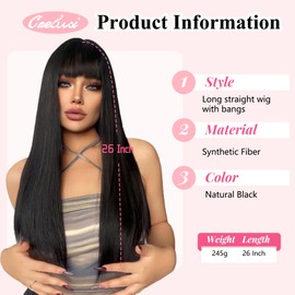 Black Wig with Bangs Long Straight Black Wig for Women 26 Inches Long Synthetic Wigs Black Straight Cosplay Wig Layered Black Natural Looking Hair Replacements Wigs for Girls Daily Party Costume Use