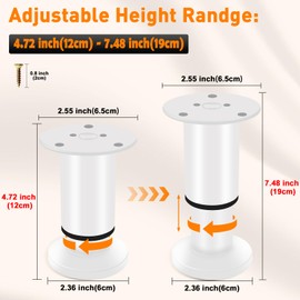 Yoposeo 4 Pcs Adjustable Height Furniture Legs 4.72-7.48 inch [with Screws], Metal Adjustable Furniture Legs for Bed/Sofa/Cabinet/Couch/Dresser/Table Heavy Bed Replacement Legs (White)