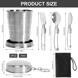 KUHAWL Pack of 2 Stainless Steel Folding Cups, 75 ml Cups, Foldable Stainless Steel, Camping Cup, Foldable Outdoor Telescopic Folding Cup with Foldable Tableware, Portable Folding Cup for Travel,