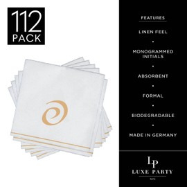 Luxe Party 112 Pack Hebrew Monogram Napkins| Hebrew Letters| Disposable |Premium Airlaid | Linen Feel| Decorative Table Setting| Cocktail Beverage Napkin | PAY | White and Gold