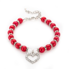 Ling & Bai Pet Supplies Pearl Necklace Dog Love Diamond Pendant Collar Rhinestones Jewelry for Puppy and Kitten (Red, S)