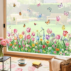 decalmile Window Clings Pink Tulips Flower Reusable Windows Decals