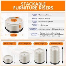Furniture Risers Bed Risers Heavy Duty 1 inch, 2 inch, 3 inch, 4 inch Round Adjustable Bed Lifts Riser for Desk Legs Table Couch Sofa Chair Refrigerator Washing Machine (1+1 Inch, White, 4 Pack )