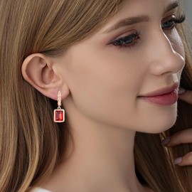 Trendy Austrian Crystal Rectangle Drop Leverback Earrings for Women 14k White Gold Plated Huggie Earring Hypoallergenic Jewelry Gift (Red/Rose Gold-tone)