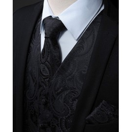 Enlision Men's Paisley Floral Wedding Party Jacquard Waistcoat&Necktie and Pocket Square Vest Suit Set, Black, M(Chest size 44)