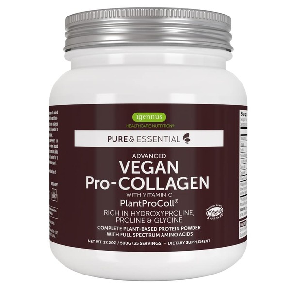 Pure & Essential Vegan Collagen Peptide Powder, Enhanced with Glycine, Proline & Hydroxyproline & Cofactor Vitamin C, Non GMO, Complete Vegetarian Plant Based Collagen Powder Booster, 35 Servings