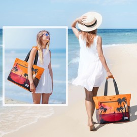 G4Free Large Beach Bag for Women Waterproof Sandproof Beach Tote Bag with Makeup Bag Zipper Pocket(Sunset Pattern)