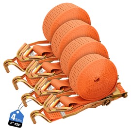 4 Pack-2" x20' Ratchet Straps, Double J Hook Heavy Duty Cargo Strap, 11000LBS Breaking Strength, Standard Tie Downs Ratcheting Strap for Cargo Vans, Trucks, Trailers - Orange