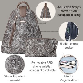 Baggallini Women's Metro Backpack with RFID Phone Wristlet Ballet Flat, Tan Python, Medium