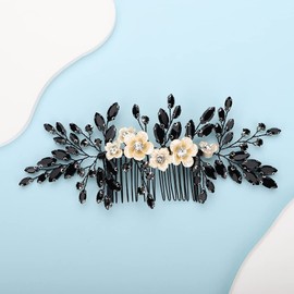 BERYUAN Bridal White Flower Black Crystal Rhinestone Hair Comb for Bride Bridesmaid Sliding side Headpieces Wedding Hair Accessories for Women and Girls (Black)