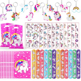 Pack of 44 Unicorn Party Bags Children's Birthday Party Favours Set with Key Ring Snap Bracelets Gift Bags Tattoo Stickers for Children Boys Girls Birthday Decoration