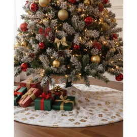 90cm Christmas Tree Skirt, Fluffy Soft White Fluff & Golden Print, Colorful and Eye-catching, High Warmth Retention Xmas Tree Mat for Home, Party, Outdoor Christmas and New Year Celebration