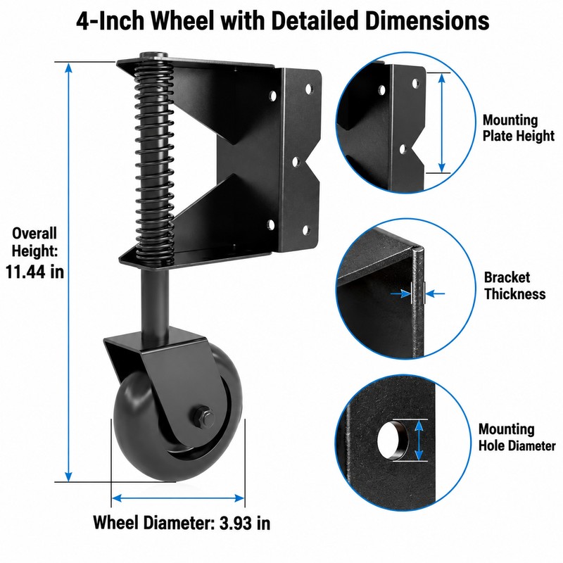 4-Inch Spring-Loaded Gate Wheel – Shock-Absorbing Metal Bracket for Swing
