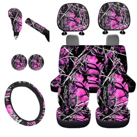 KEIAHUAN Pink Camo Front and Rear Bench Seat Cover Full Set,Camouflage Steering Wheel Cover,Car Headrest Cover,Coaster,Gear Shift Knob Cover with Handbrake Cover,Car Accessories Set