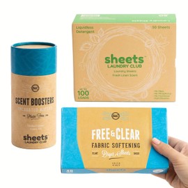 Sheets Laundry Club Bundle - 50 Pack (up to 100 loads) Fresh Linen Detergent Sheets, 40 Pack Free & Clear Dryer Sheets & 8 Oz. Uncharted Waters Scent Booster - New Liquidless Technology